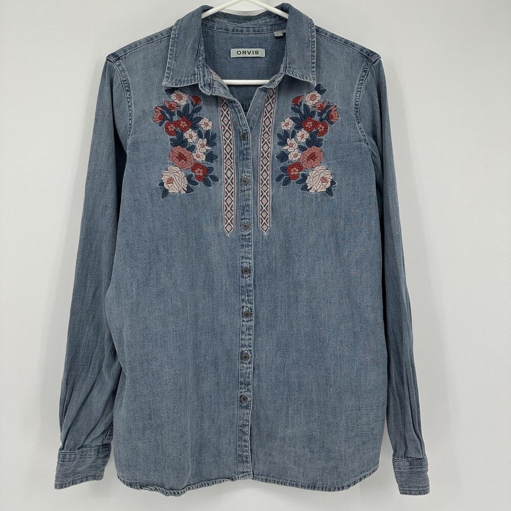 Orvis Shirt Womens Large Blue Denim Floral Embroidered Button Down Long Sleeve - Picture 1 of 12